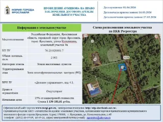 Право на заключение договора аренды земельного участка площадью 2001 кв.м, расположенного по адресу: Российская Федерация, Ярославская область, городской округ город Ярославль, город Ярославль, улица Колышкина, земельный участок 9в. Основной вид разрешенного использования: 4.1. Кадастровый номер…