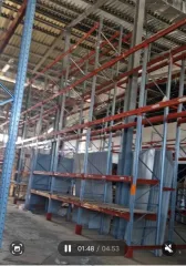 Стеллажное оборудование для склада. План расположения рядов стеллажей: Ряд 1: 18 м (односекционный, высота 4 м), Ряд 2: 43 м (двухсекционный, высота 5,5 м), Ряд 3: 47 м (двухсекционный, высота 5,5 м), Ряд 4: 47 м (двухсекционный, высота 5,5 м), Ряд 5: 56 м (односекционный, высота 4 м), Боковой ряд…