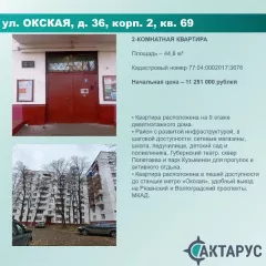 Квартира по адресу: г. Москва, вн.тер.г. муниципальный округ Кузьминки, ул. Окская, д. 36, корп. 2, кв. 69, к.н. 77:04:0002017:3676, пл. 44,8 кв.м. Квартира по адресу: г. Москва, вн.тер.г. муниципальный округ Кузьминки, ул. Окская, д. 36, корп. 2, кв. 69, к.н. 77:04:0002017:3676, пл. 44,8 кв.м…