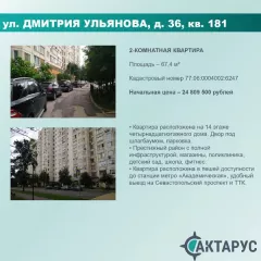 Квартира по адресу: г. Москва, ул. Дмитрия Ульянова, д. 36, кв. 181, к.н. 77:06:0004002:6247, пл. 67,4 кв. м. Квартира по адресу: г. Москва, ул. Дмитрия Ульянова, д. 36, кв. 181, к.н. 77:06:0004002:6247, пл. 67,4 кв. м. 
Общая площадь: 67.4 
Общие сведения об ограничениях и обременениях : В…