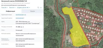 Земельный участок c кадастровым номером: 50:09:0010617:23 Земельный участок, категория земель: земли сельскохозяйственного назначения, разрешенное использование: для сельскохозяйственного производства, общая площадь 76488кв.м., адрес: Местоположение установлено относительно ориентира…
