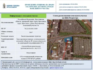 Аренда земельного участка 5967 м², Ярославская область, город Ярославль, улица Выставочная, земельный участок 3в. Основной вид разрешенного использования: 6.2.2001. Кадастровый номер: 76:23:011001:1069.