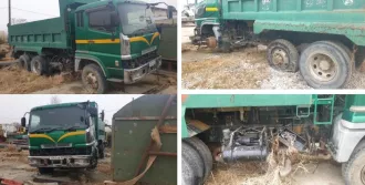 Грузовой самосвал Mitsubishi Fuso Great, 1994 г.в., VIN отсутствует, 300 л.с., 16 л, дизель, ГРЗ О165ОВ125, неисправен.
