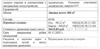 Древесина 602 куб.м. ель береза Республика Коми. Количество и породный состав древесины: 602 куб.м., 6Е4Б, в т.ч. береза – 240,8 куб.м. (ОКПД2 02.20.12.164), ель – 361,2 куб.м. (ОКПД2 02.20.11.182). Место нахождения древесины: Республика Коми, Усинское лесничество, Усинское участковое лесничество…