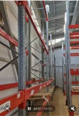 Стеллажное оборудование для склада. План расположения рядов стеллажей: Ряд 1: 18 м (односекционный, высота 4 м), Ряд 2: 43 м (двухсекционный, высота 5,5 м), Ряд 3: 47 м (двухсекционный, высота 5,5 м), Ряд 4: 47 м (двухсекционный, высота 5,5 м), Ряд 5: 56 м (односекционный, высота 4 м), Боковой ряд…