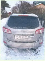 Хендэ Санта Фе 2010 года, серый. VIN: KMHSJ81XDBU653424, номер: Т416ХМ55. Мощность двигателя 144,9 л.с. (197 кВт), разрешенная максимальная масса 2345 кг, масса без нагрузки 1890 кг