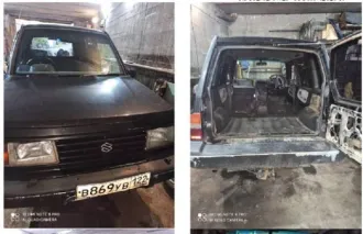 Suzuki Escudo 1994 Разукомплектованный легковой автомобиль, марка Suzuki, модель Escudo, год изготовления 1994, VIN отсутствует, госномер В869УВ122, шасси TD01W217889, кузов G16А407165, отсутствуют колеса, сиденья в салоне, коррозия по кузову, требуется замена ДВС, АКПП, не на ходу