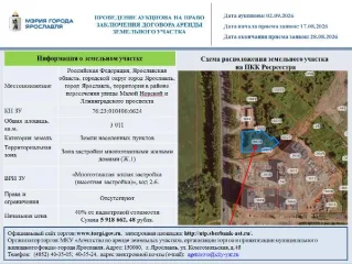 Право аренды земли, Ярославль, 3011 кв.м, пересечение Малой Норской и Ленинградского проспекта. Право на заключение договора аренды земельного участка, находящегося в государственной собственности, с описанием местоположения: Российская Федерация, Ярославская область, городской округ город…