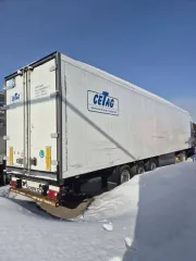 Schmitz SKO24 2000 года. VIN WSMS7480000436626. Техническое состояние: Отсутствует опорная плита шкворня, отсутствует шкворень. Требуется текущее обслуживание ходовой части, требуется текущее обслуживание рефрижератора, замена шин (износ 70 – 80 %).