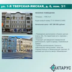 Нежилые помещения по адресу: г. Москва, ул. 1-я Тверская-Ямская, дом 6, помещение 3/1, к.н. 77:01:0004012:5465, пл. 1 566,4 кв.м. Нежилые помещения по адресу: г. Москва, ул. 1-я Тверская-Ямская, дом 6, помещение 3/1, к.н. 77:01:0004012:5465, пл. 1 566,4 кв.м. 
Вид ограничений и обременений:  
Общая…