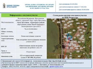 Право на заключение договора аренды земельного участка, находящегося в государственной собственности, с описанием местоположения: Российская Федерация, Ярославская область, городской округ город Ярославль, город Ярославль, территория в районе пересечения улицы Малой Норской и Ленинградского…