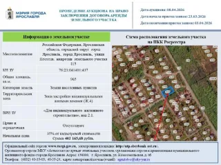Право аренды земельного участка площадью 965 кв. м. Местоположение: Российская Федерация, Ярославская область, городской округ город Ярославль, улица Пестеля, напротив земельного участка 115. Основной вид разрешенного использования: 2.1. Кадастровый номер: 76:23:041401:437.