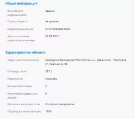 Нежилое здание - Офисное здание, общей площадью 587,1 кв.м, инв. №1151, лит. А, кадастровый № 07:07:0500000:5282, расположенное по адресу: Кабардино-Балкарская Республика, р-н Урванский, г. Нарткала, ул. Красная, д. 68; Земельный участок, общей площадью 657 кв.м, кадастровый № 07:07:0500033:50…