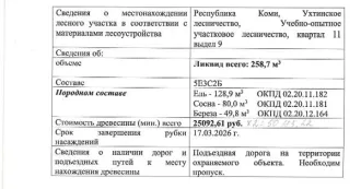 Древесина 258,7 куб. м (Ель, Сосна, Береза), Республика Коми. Количество и породный состав древесины: 258,7 куб. м., 5Е3С2Б, в т.ч. Ель - 128,9 куб.м. (ОКПД2 02.20.11.182), сосна - 80 куб.м. (ОКПД2 02.20.11.181), береза - 49,8 куб.м. (ОКПД2 02.20.12.164). Место нахождения древесины: Республика…