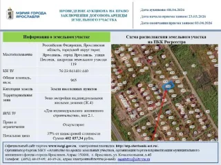 Право аренды земельного участка 965 кв.м, Ярославская область, город Ярославль, улица Пестеля, напротив земельного участка 119. Основной вид разрешенного использования: 2.1. Кадастровый номер: 76:23:041401:440.