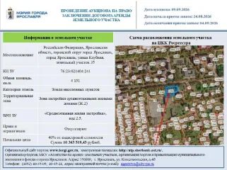 Право аренды земельного участка, Ярославль, ул. Клубная, 35, площадь 4151 кв.м. Право на заключение договора аренды земельного участка, находящегося в государственной собственности, расположенного по адресу: Российская Федерация, Ярославская область, городской округ город Ярославль, город…